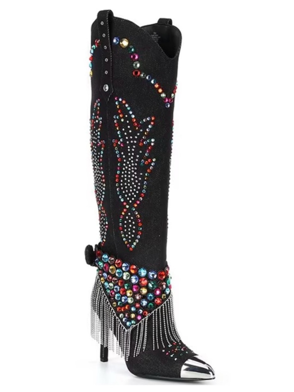 Gianni Bini Kaitrin Black Denim Rhinestone Embellished Fringe Heel Boots $229 - Picture 3 of 7